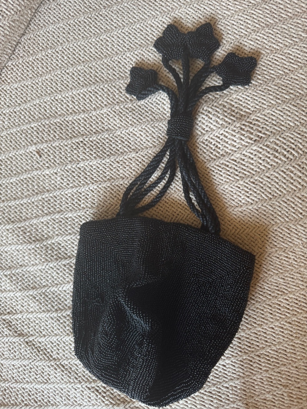 Vintage Parisian Black Beaded Drawstring Evening Bag MINT